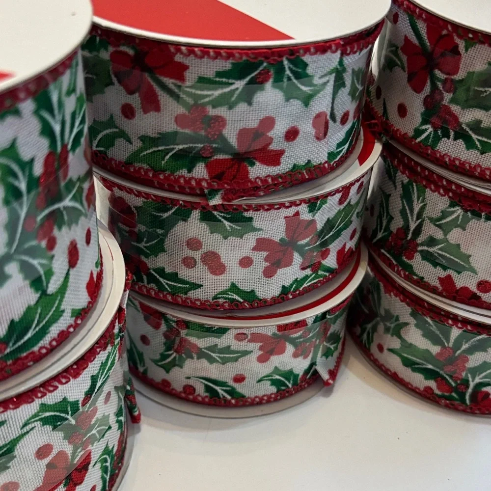 Festive Holly Print Ribbon Red and Green Holiday Ribbon Wired Edge Trad Ribbon